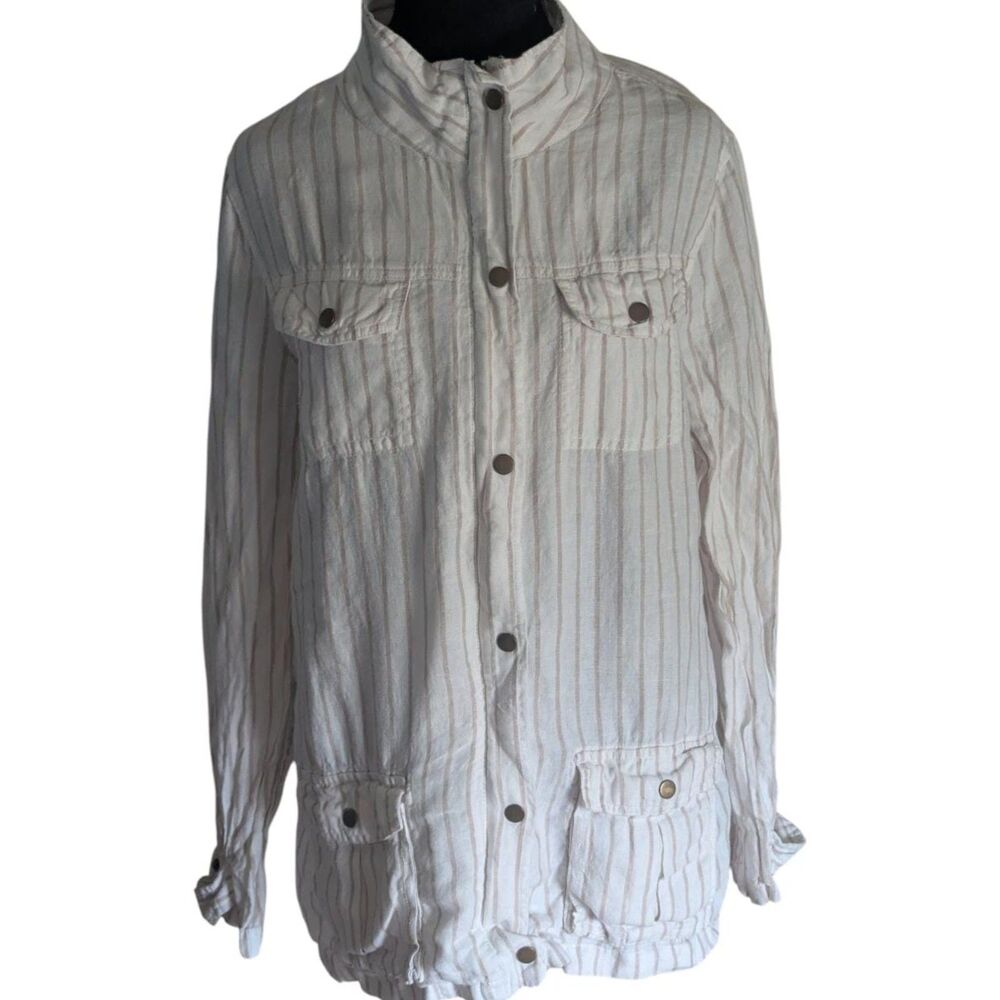 Artisan NY 100% Linen Striped Utility Jacket Neutral Coastal Grandma Large